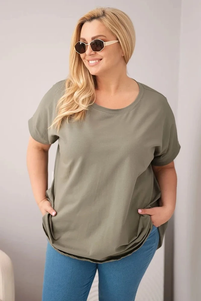 Moteriška Plus Size medvilninė palaidinė trumpomis rankovėmis, chaki spalvos