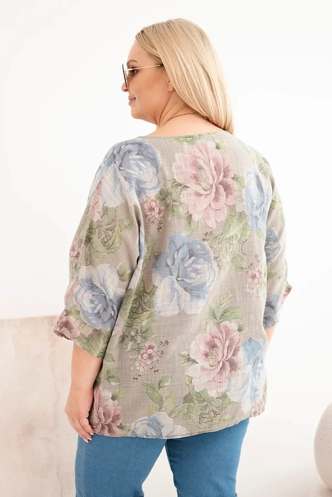 Moteriška Plus Size medvilninė palaidinė trumpomis rankovėmis su gėlių raštu, fango spalvos