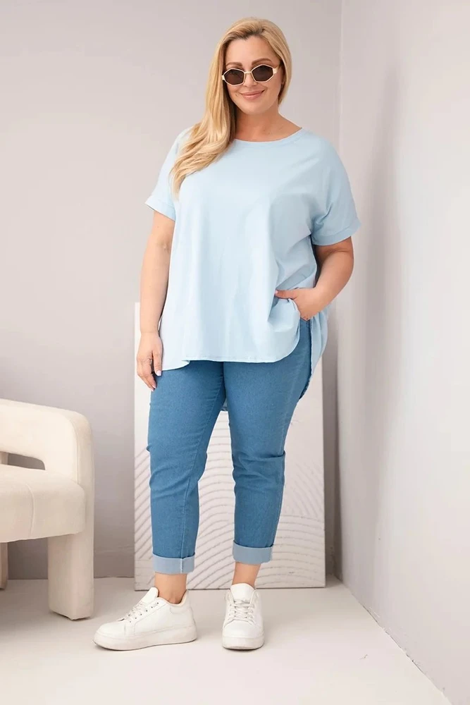Moteriška Plus Size medvilninė palaidinė trumpomis rankovėmis, mėlyna
