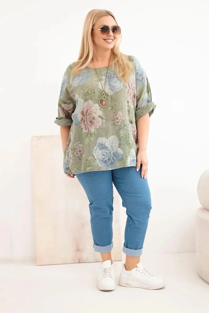Moteriška Plus Size medvilninė palaidinė trumpomis rankovėmis, chaki spalvos su gėlių raštu