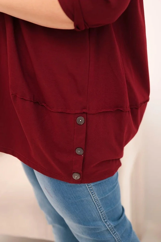 Moteriška Plus Size medvilninė palaidinė su dekoratyvinėmis sagomis, burgundiškos spalvos