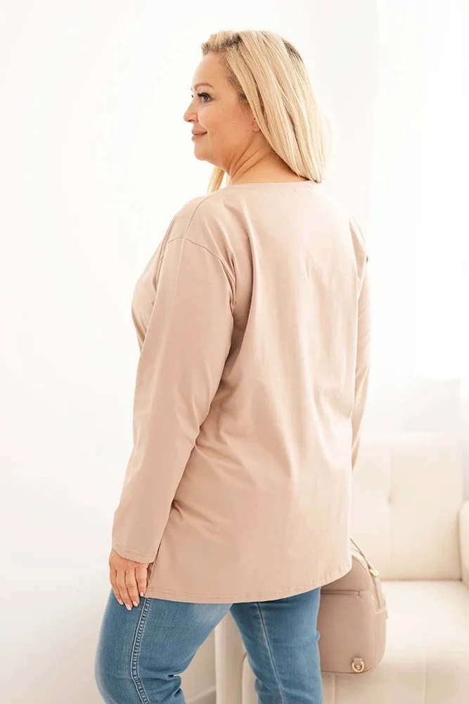 Moteriška Plus Size medvilninė palaidinė su apvalia iškirpte, kapučino spalvos