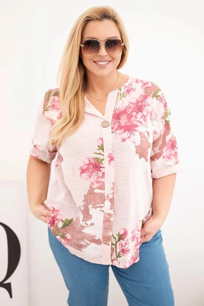 Moteriška Plus Size medvilninė palaidinė su V formos iškirpte ir gėlių raštu, pudrinės rožinės spalvos