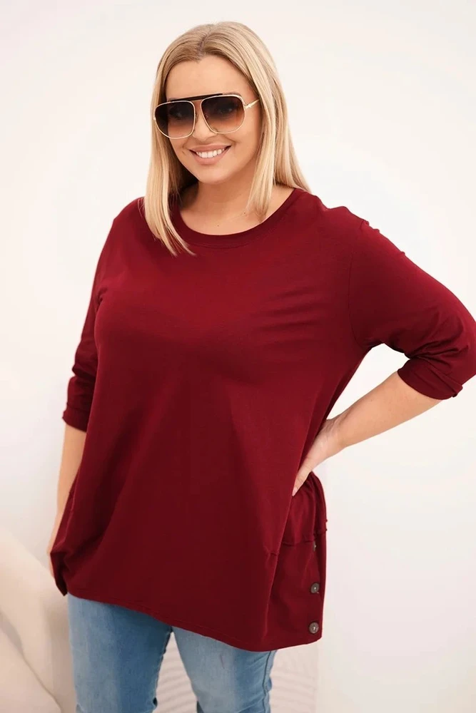 Moteriška Plus Size medvilninė palaidinė su dekoratyvinėmis sagomis, burgundiškos spalvos