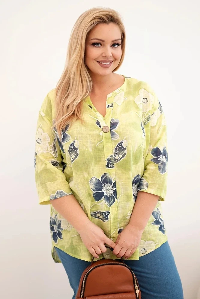 Moteriška Plus Size medvilninė palaidinė su gėlių raštu, šviesiai žalios spalvos