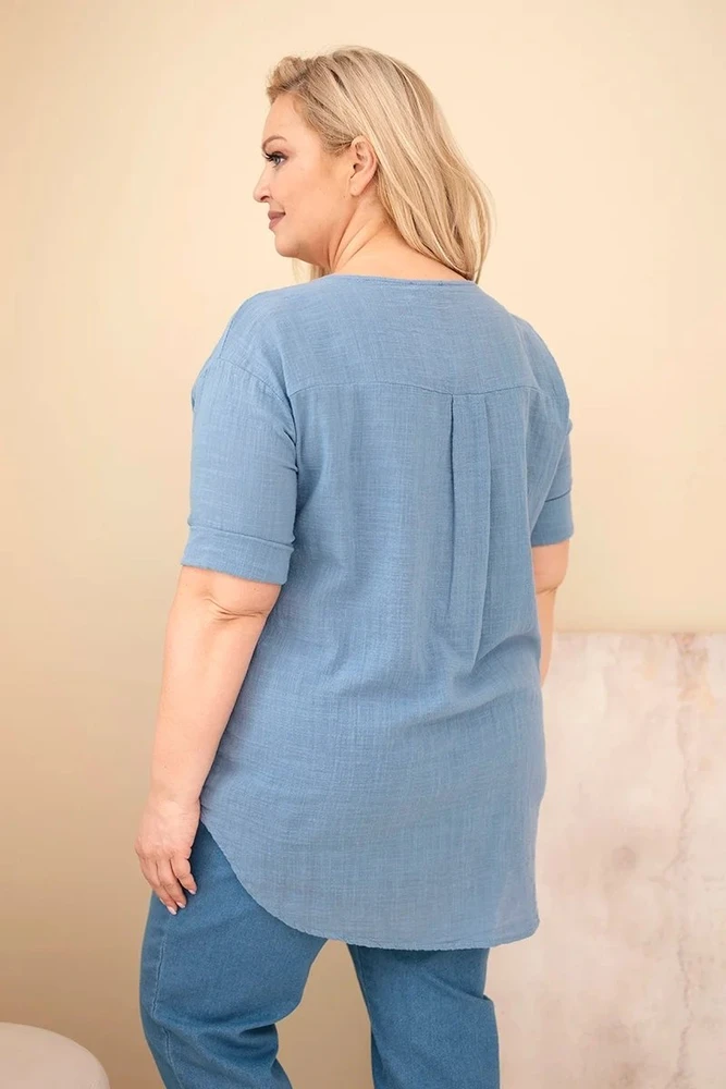 Moteriška Plus Size medvilninė palaidinė su sagute, džinso mėlynos spalvos