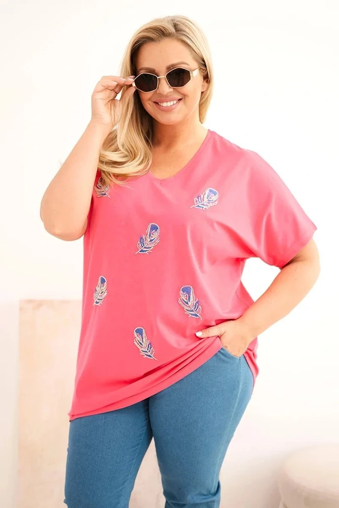 Moteriška Plus Size medvilninė palaidinė su plunksnų aplikacijomis, rožinė