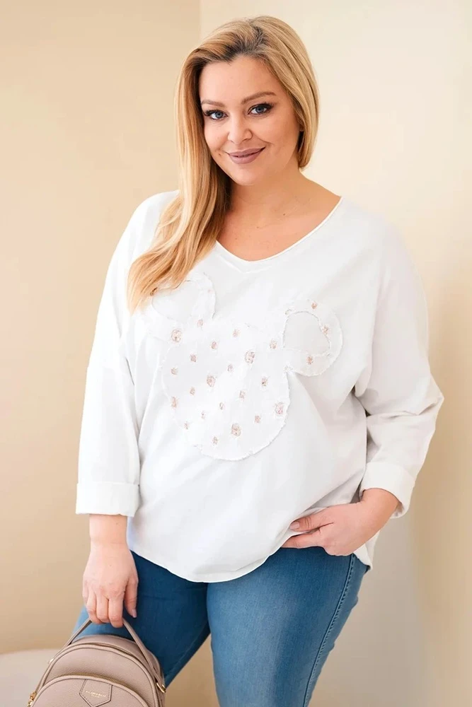 Moteriška Plus Size medvilninė palaidinė su V formos iškirpte, balta