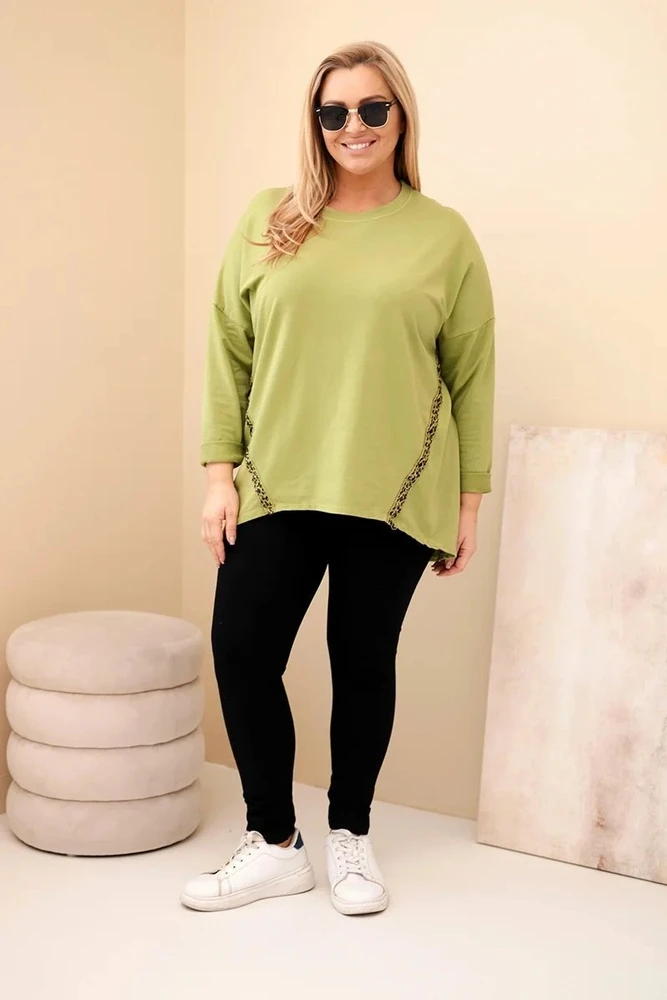 Moteriška Plus Size medvilninė palaidinė su leopardo rašto detalėmis, alyvuogių spalvos