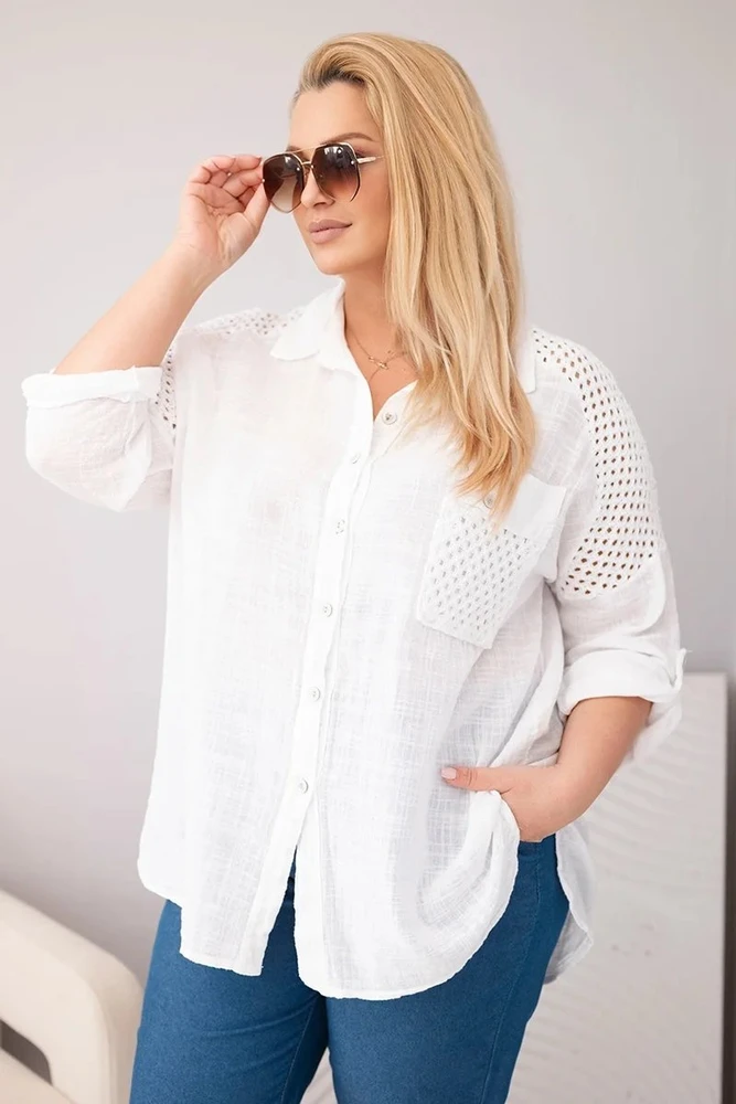 Moteriška Plus Size medvilninė palaidinė su apykakle ir nėriniuotomis detalėmis, balta