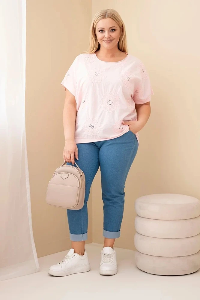 Moteriška Plus Size medvilninė palaidinė su siuvinėtomis gėlėmis, šviesiai rožinė