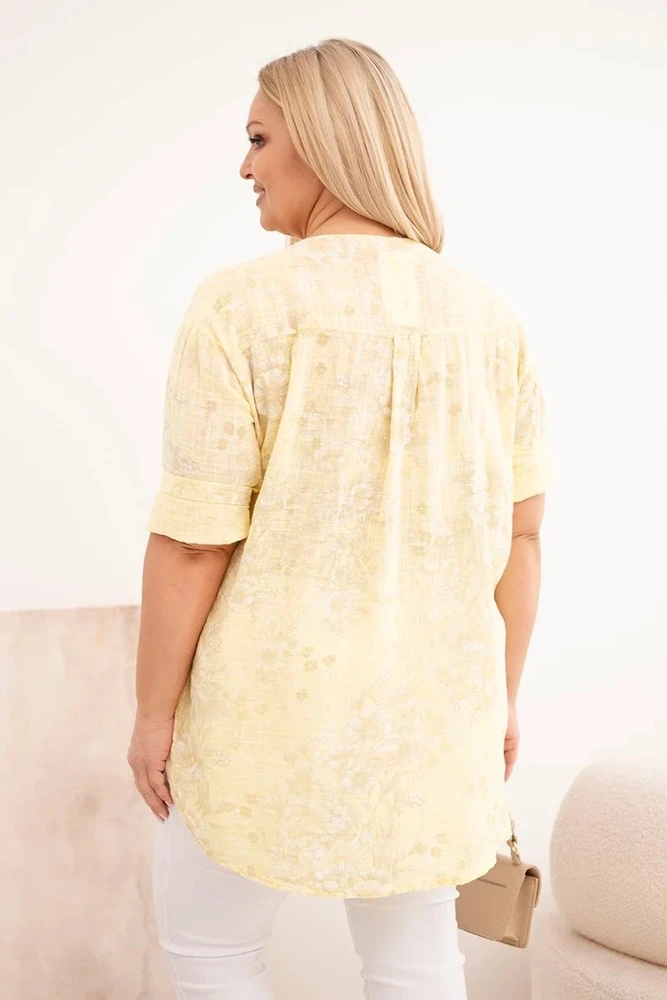 Moteriška Plus Size medvilninė palaidinė trumpomis rankovėmis, geltona