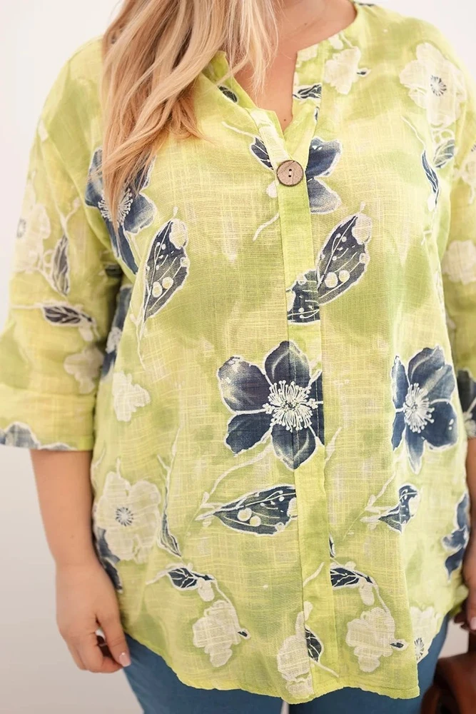 Moteriška Plus Size medvilninė palaidinė su gėlių raštu, šviesiai žalios spalvos