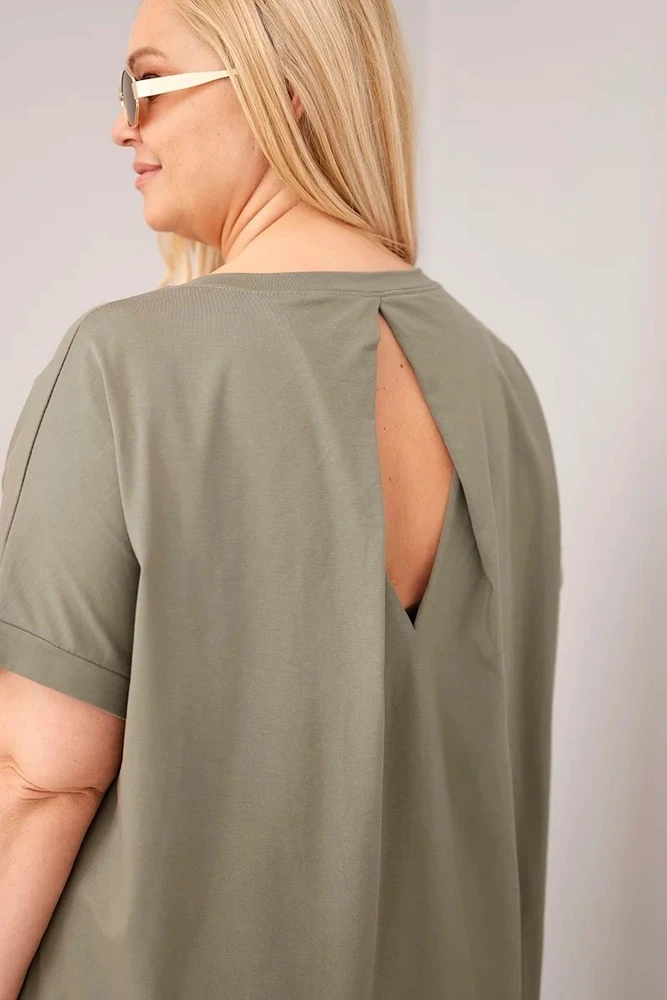 Moteriška Plus Size medvilninė palaidinė trumpomis rankovėmis, chaki spalvos