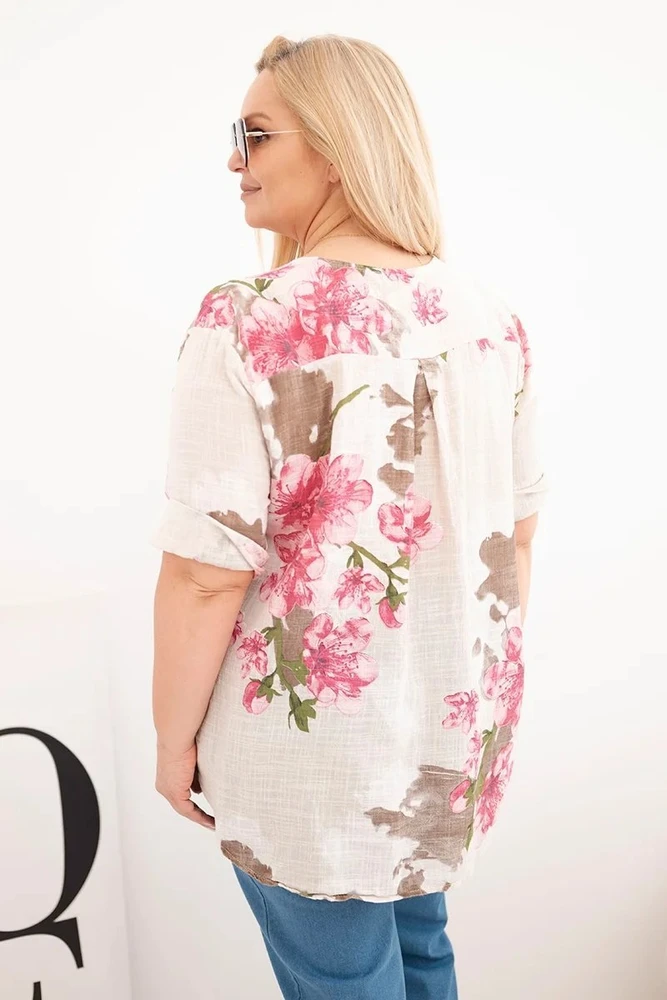 Moteriška Plus Size medvilninė palaidinė su gėlių raštu, smėlio spalvos