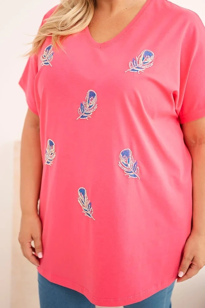 Moteriška Plus Size medvilninė palaidinė su plunksnų aplikacijomis, rožinė