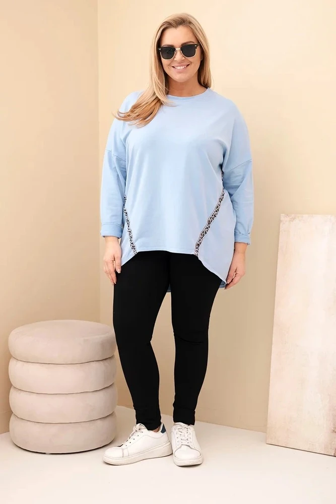 Moteriška Plus Size medvilninė palaidinė su leopardinėmis juostomis, mėlynos spalvos