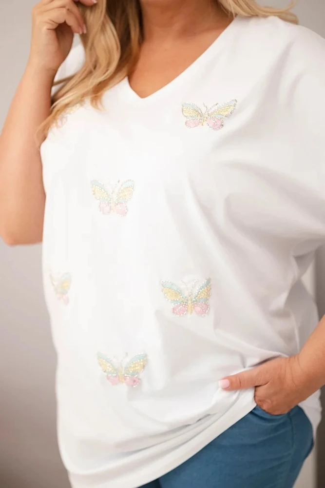 Moteriška Plus Size medvilninė palaidinė su drugelio aplikacijomis, balta