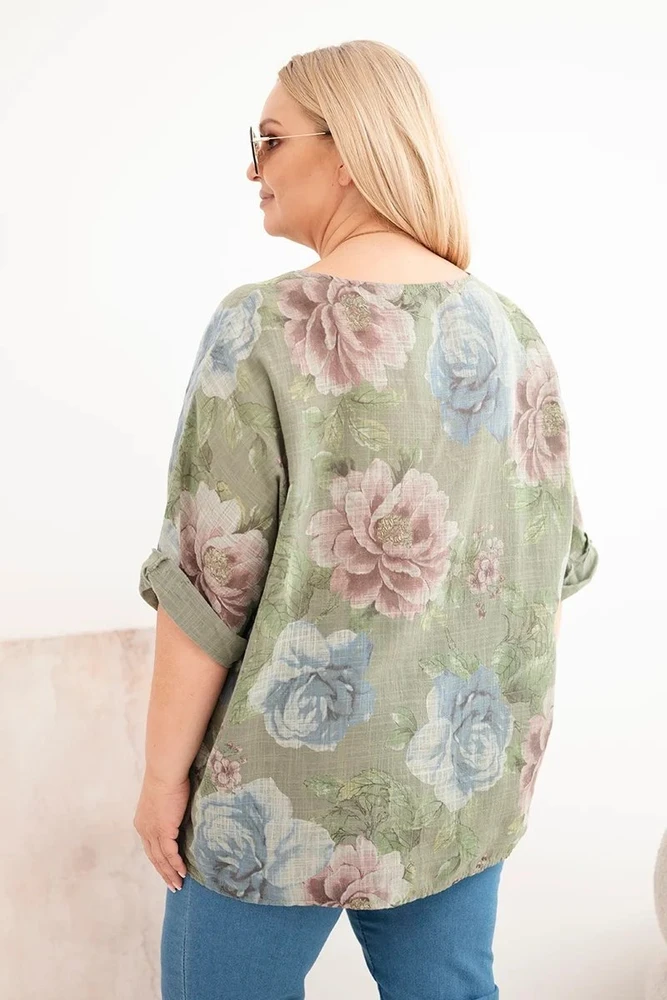 Moteriška Plus Size medvilninė palaidinė trumpomis rankovėmis, chaki spalvos su gėlių raštu