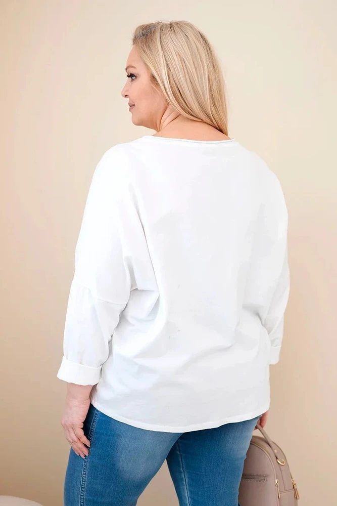 Moteriška Plus Size medvilninė palaidinė su V formos iškirpte, balta
