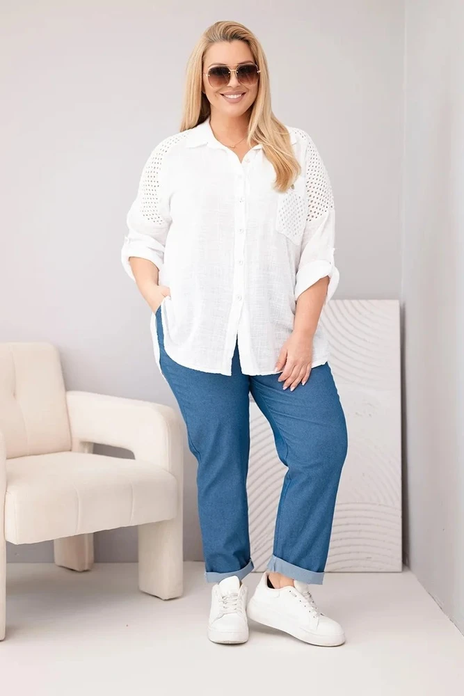 Moteriška Plus Size medvilninė palaidinė su apykakle ir nėriniuotomis detalėmis, balta