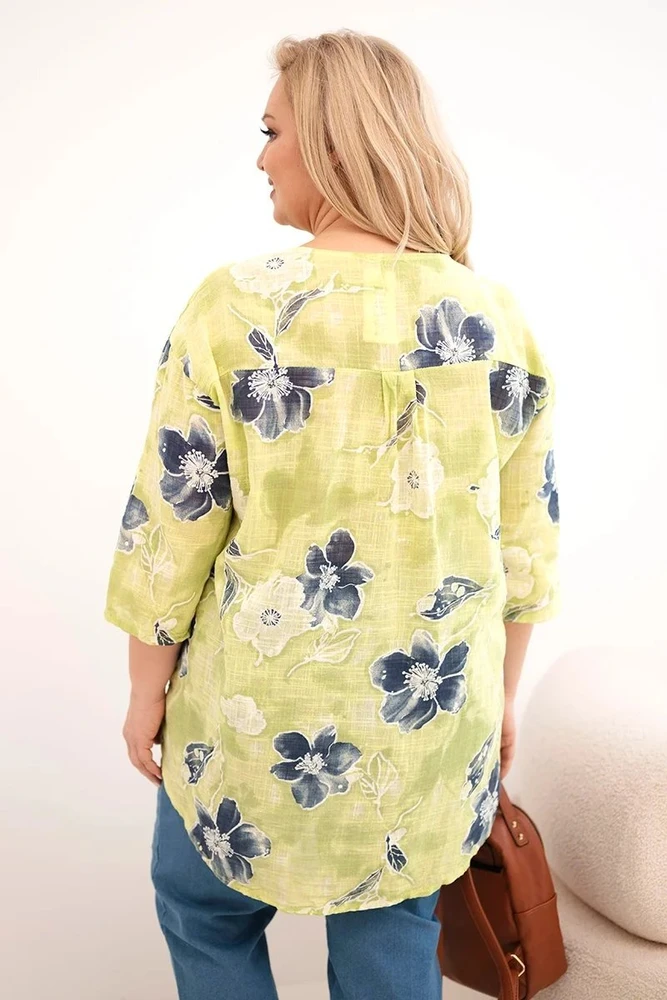 Moteriška Plus Size medvilninė palaidinė su gėlių raštu, šviesiai žalios spalvos
