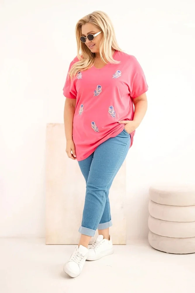 Moteriška Plus Size medvilninė palaidinė su plunksnų aplikacijomis, rožinė