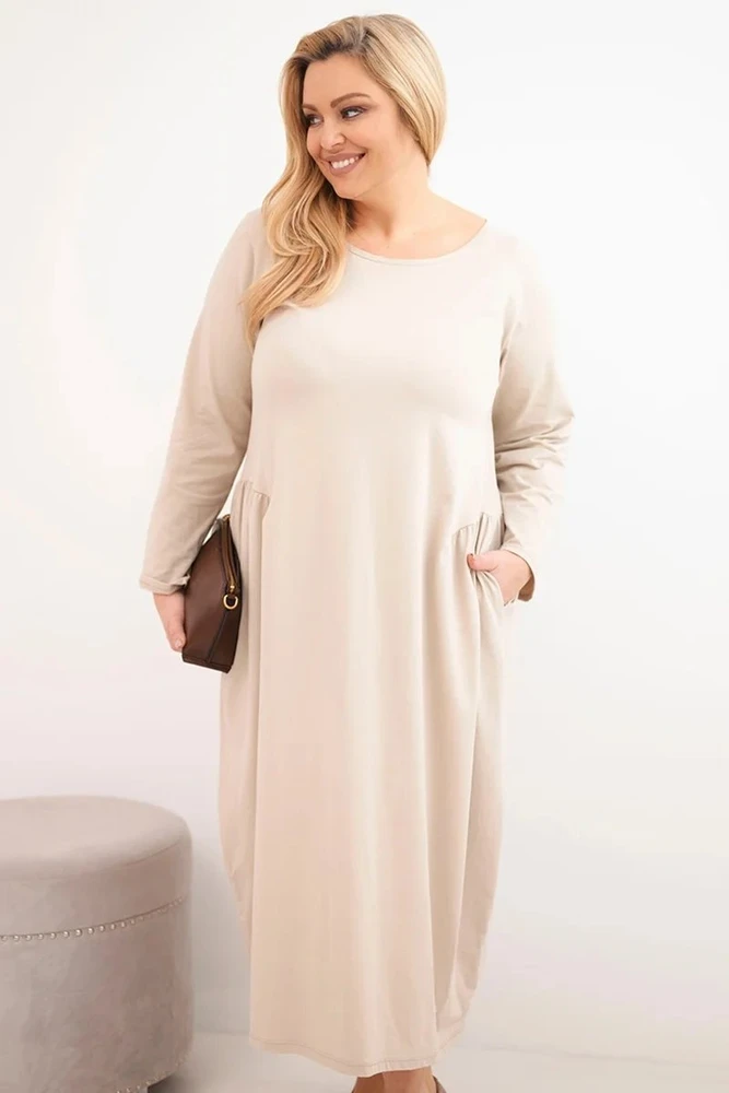Moteriška Plus Size medvilninė suknelė ilgomis rankovėmis, smėlio spalvos