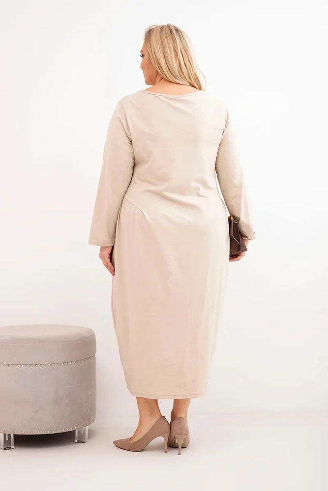 Moteriška Plus Size medvilninė suknelė ilgomis rankovėmis, smėlio spalvos