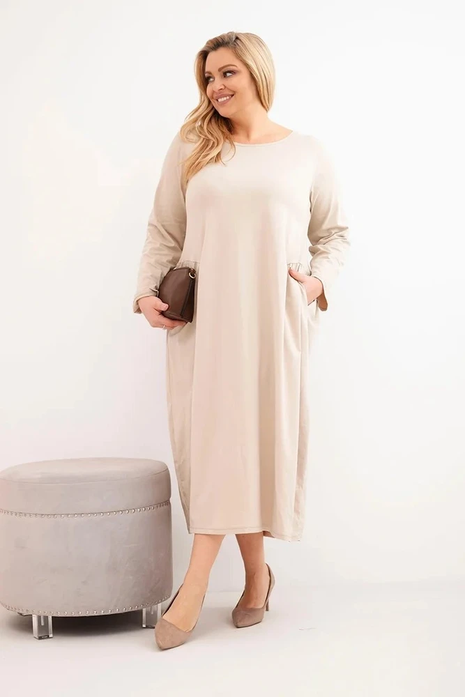 Moteriška Plus Size medvilninė suknelė ilgomis rankovėmis, smėlio spalvos