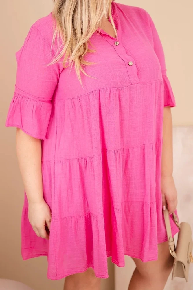 Moteriška Plus Size medvilninė suknelė su raukiniais, rožinės spalvos