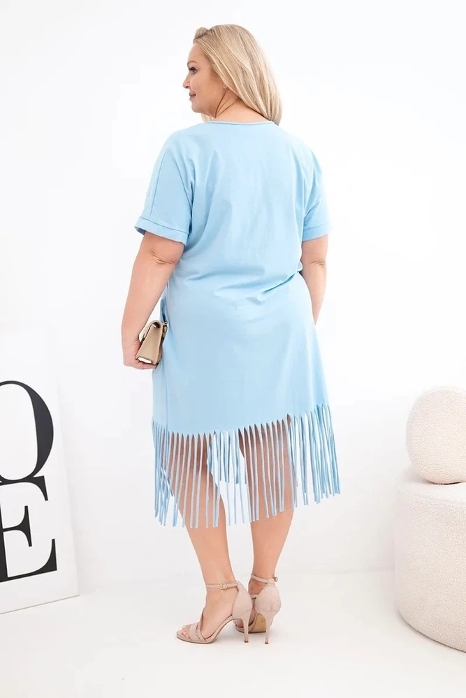 Moteriška Plus Size medvilninė suknelė su V formos iškirpte ir kutais, mėlyna