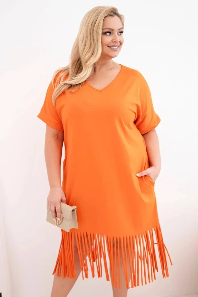 Moteriška Plus Size medvilninė suknelė su V formos iškirpte ir kutais, oranžinė