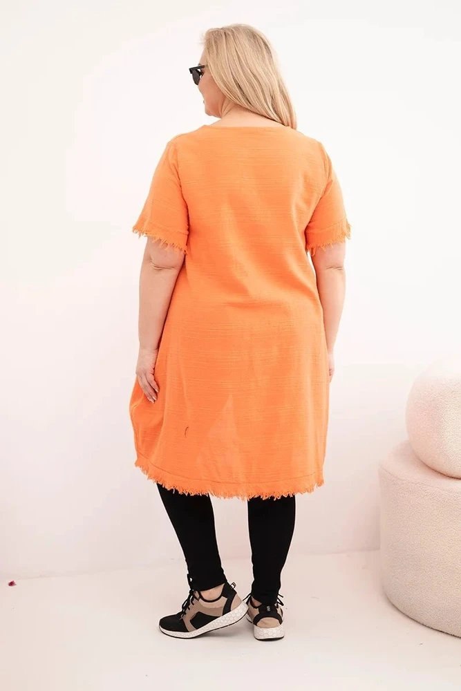 Moteriška Plus Size medvilninė suknelė su asimetriniu kraštu ir kišene, oranžinės spalvos