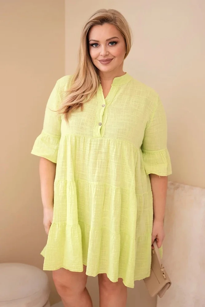 Moteriška Plus Size medvilninė suknelė su raukiniais, šviesiai žalios spalvos