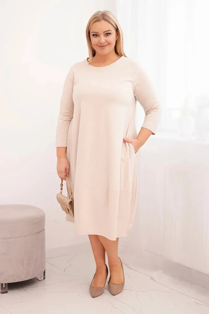 Moteriška Plus Size medvilninė suknelė su rankovėmis, smėlio spalvos