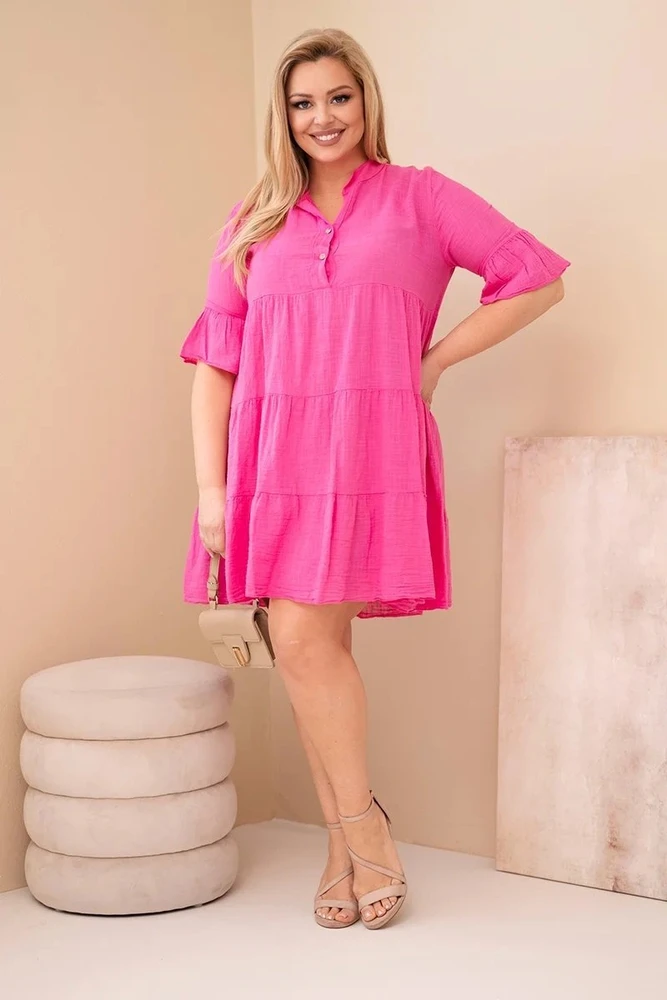 Moteriška Plus Size medvilninė suknelė su raukiniais, rožinės spalvos