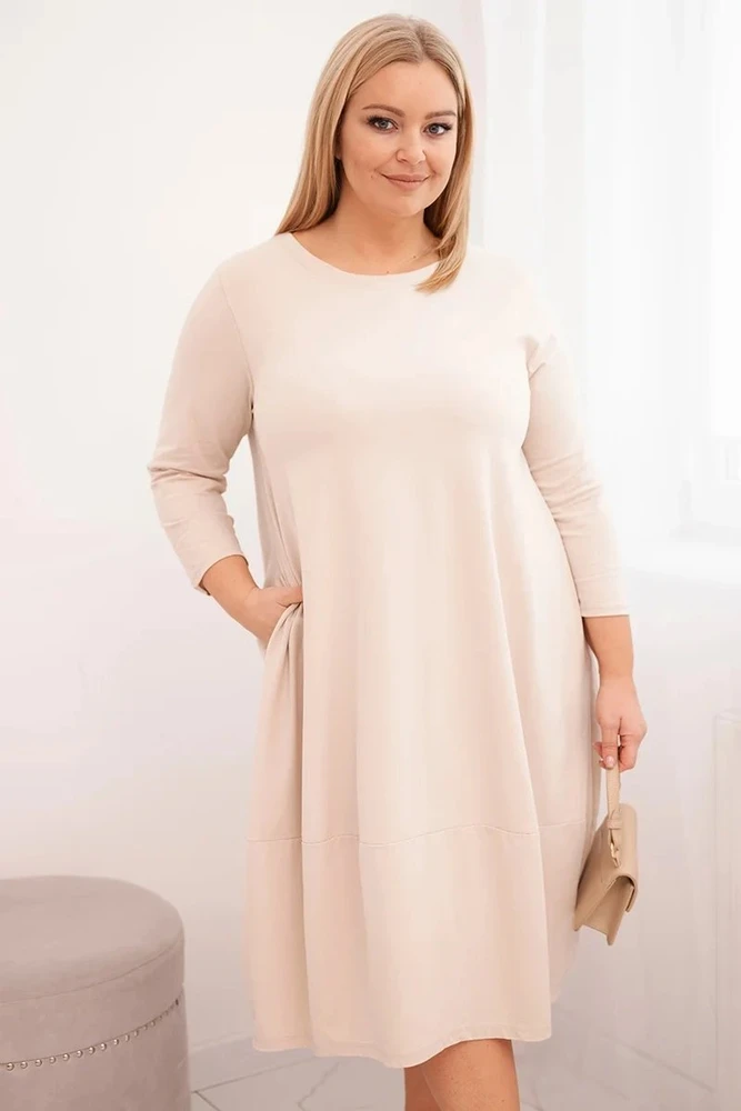 Moteriška Plus Size medvilninė suknelė su rankovėmis, smėlio spalvos