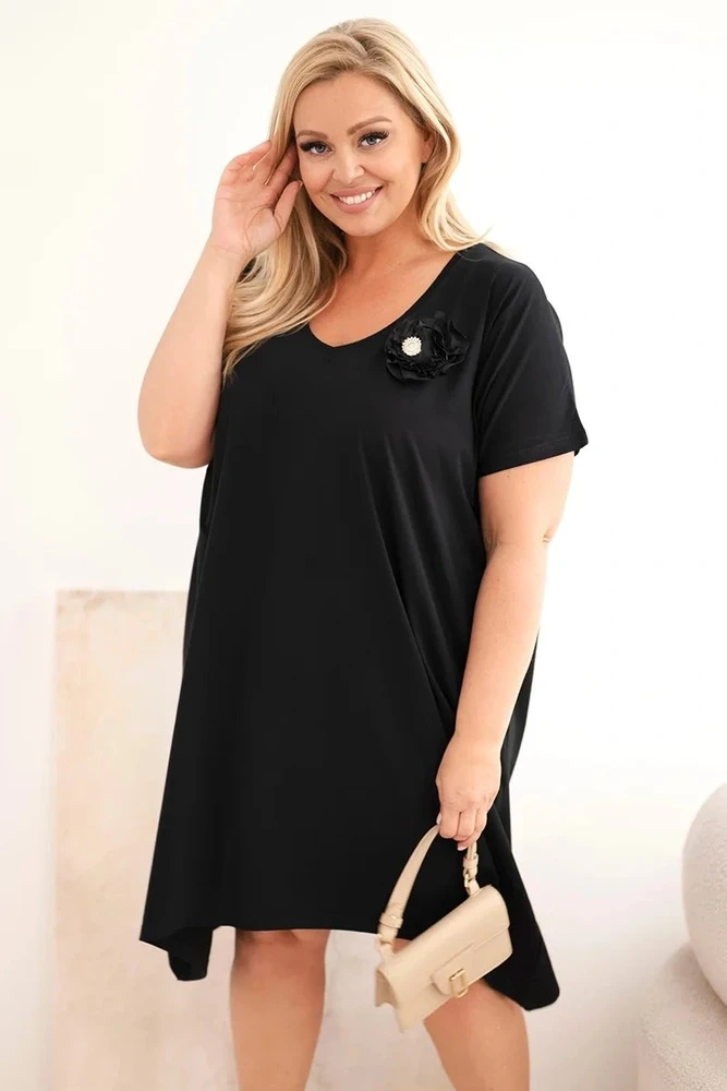 Moteriška Plus Size medvilninė suknelė su sage ir V formos iškirpte, juoda