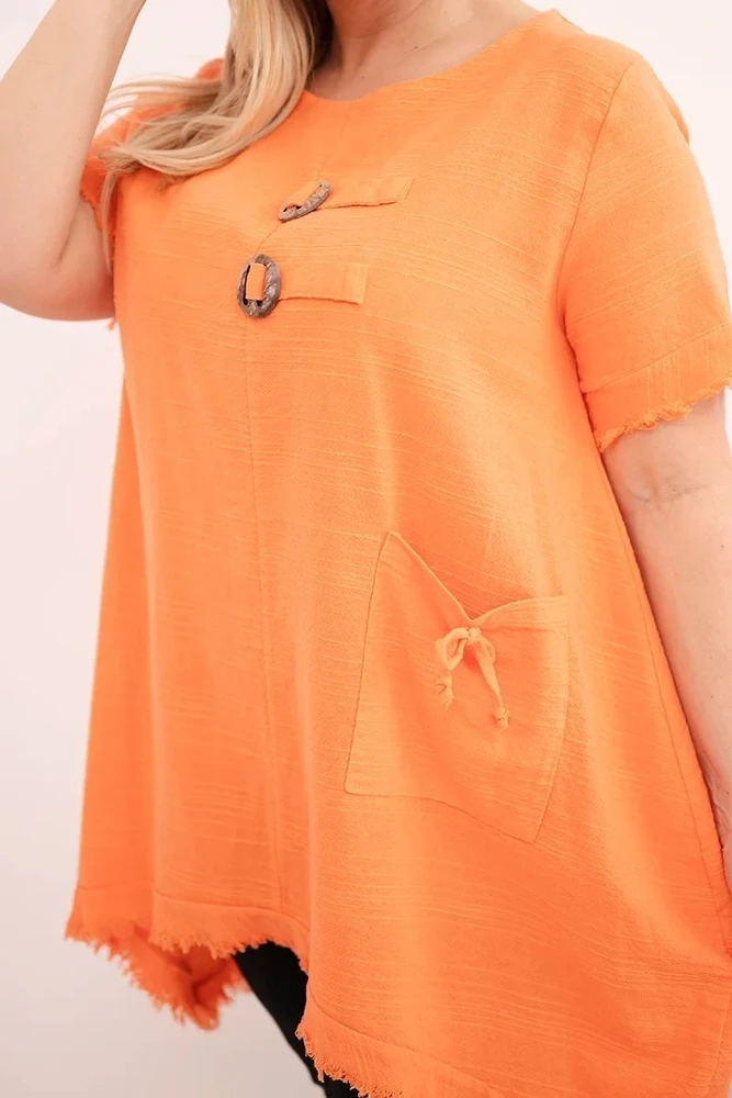 Moteriška Plus Size medvilninė suknelė su asimetriniu kraštu ir kišene, oranžinės spalvos