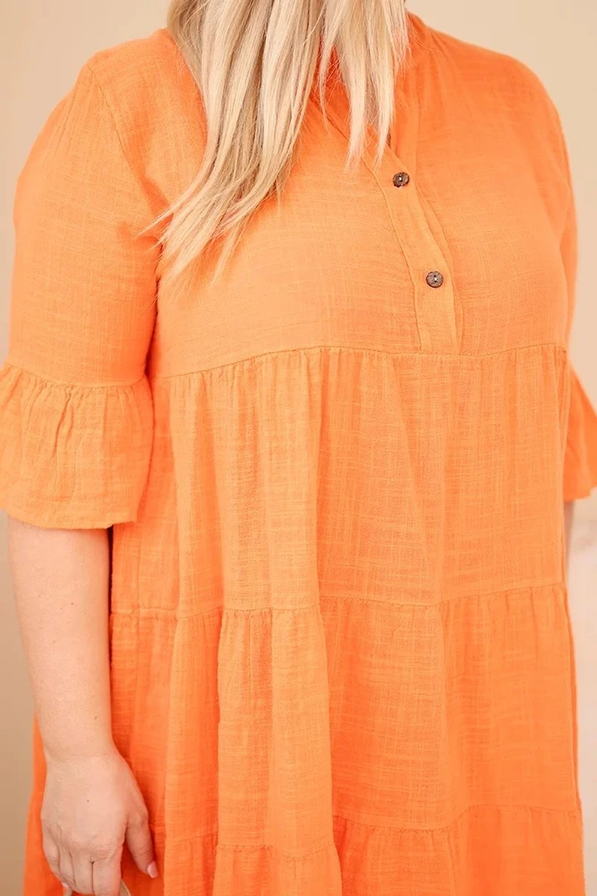 Moteriška Plus Size medvilninė suknelė su raukiniais, oranžinės spalvos