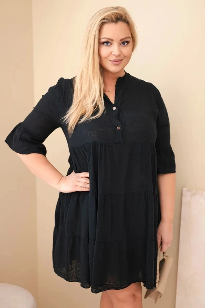 Moteriška Plus Size medvilninė suknelė su raukiniais, juodos spalvos