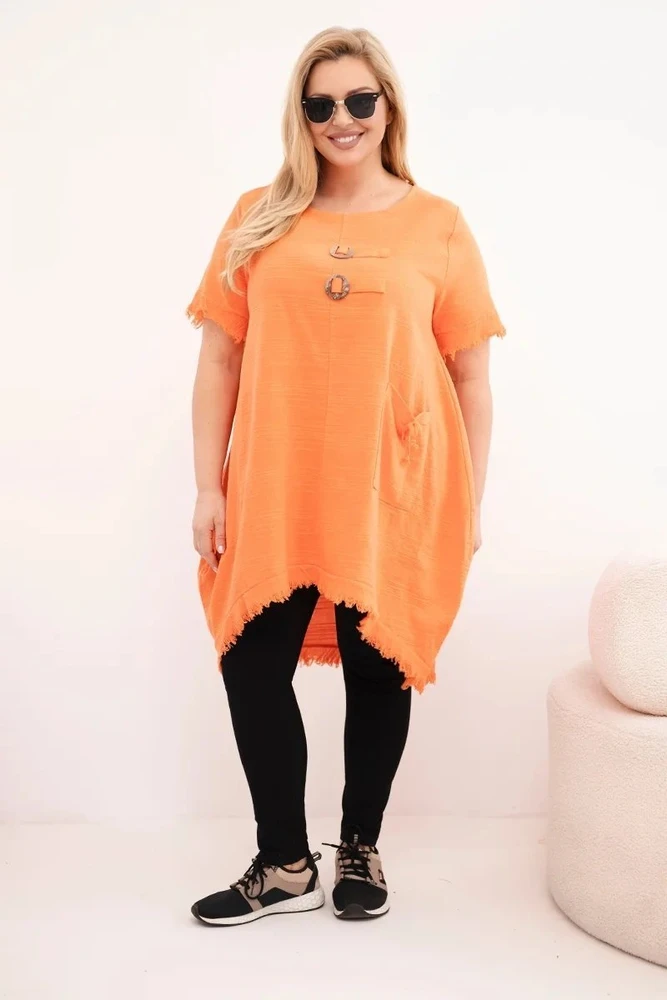 Moteriška Plus Size medvilninė suknelė su asimetriniu kraštu ir kišene, oranžinės spalvos