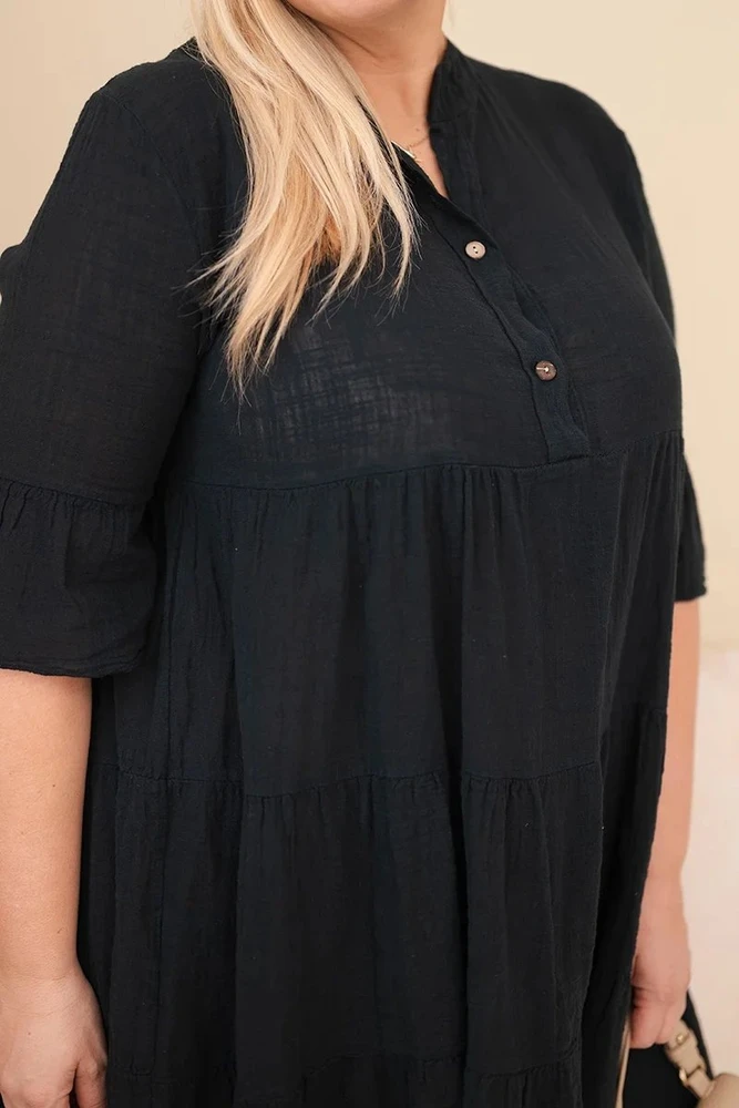 Moteriška Plus Size medvilninė suknelė su raukiniais, juodos spalvos
