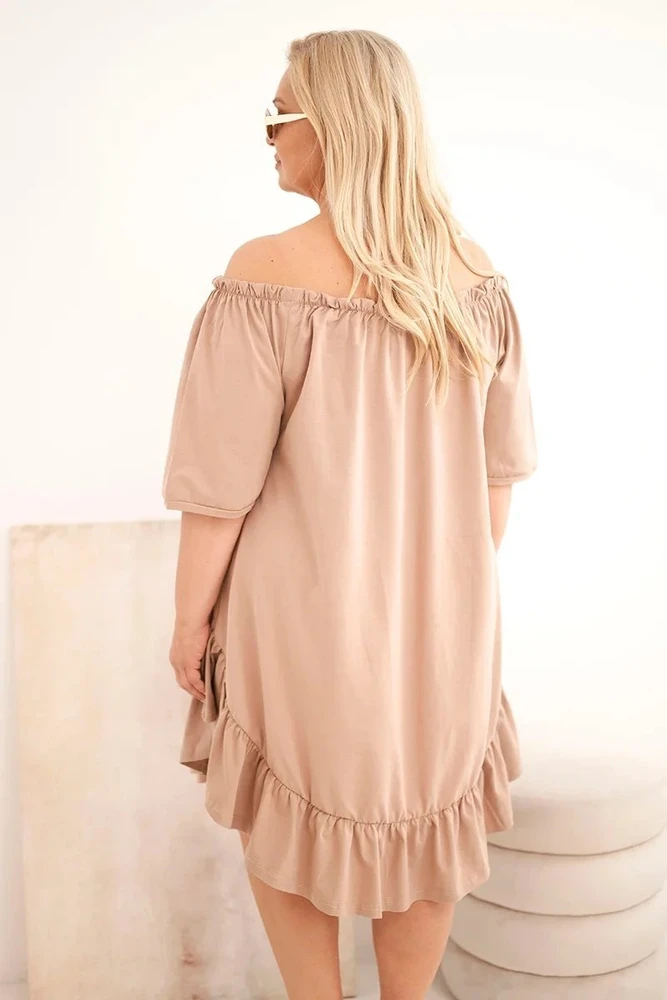Moteriška Plus Size medvilninė suknelė su raukiniais, fango spalvos