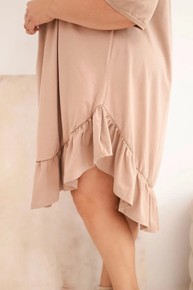 Moteriška Plus Size medvilninė suknelė su raukiniais, fango spalvos