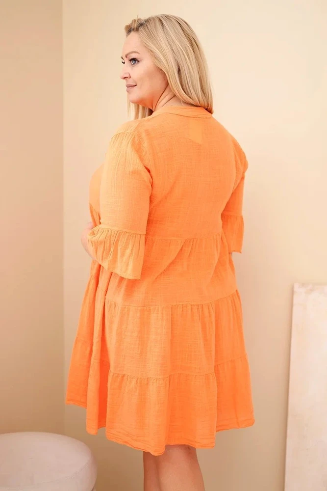 Moteriška Plus Size medvilninė suknelė su raukiniais, oranžinės spalvos