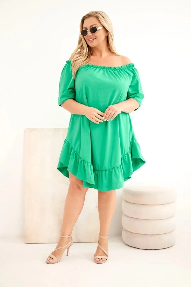 Moteriška Plus Size medvilninė suknelė su raukiniais, žalia