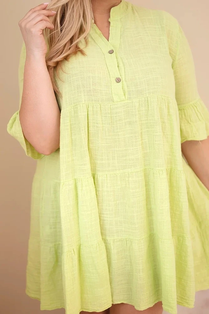 Moteriška Plus Size medvilninė suknelė su raukiniais, šviesiai žalios spalvos