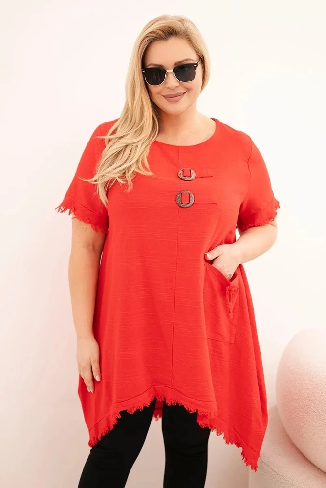 Moteriška Plus Size medvilninė suknelė su asimetrišku ilgesniu nugaros kraštu, raudonos spalvos